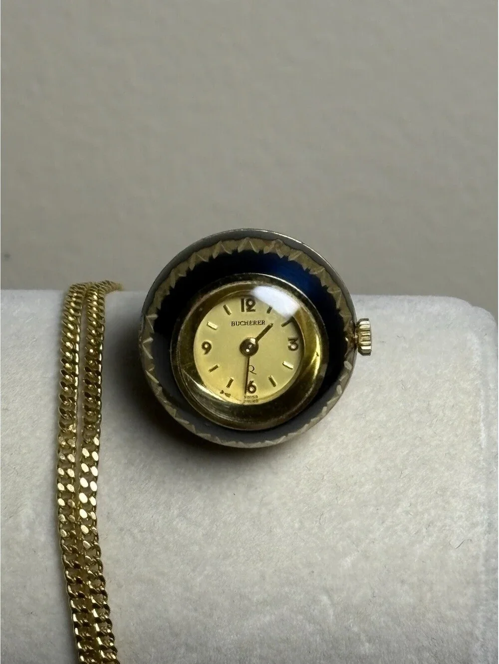 Vtg Bucherer Swiss Blue Enamel Orb Ball Pendant Watch Gold Tone Dial Running